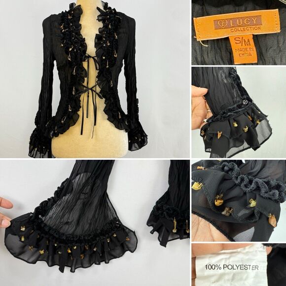Lucy Collection Black Sheer Ruffle Beaded Tie Front Blouse Top S/M Boho Party - Picture 10 of 16
